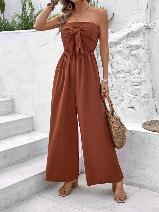 Summer Women's Solid Color Off Shoulder Strapless Jumpsuit With Belt