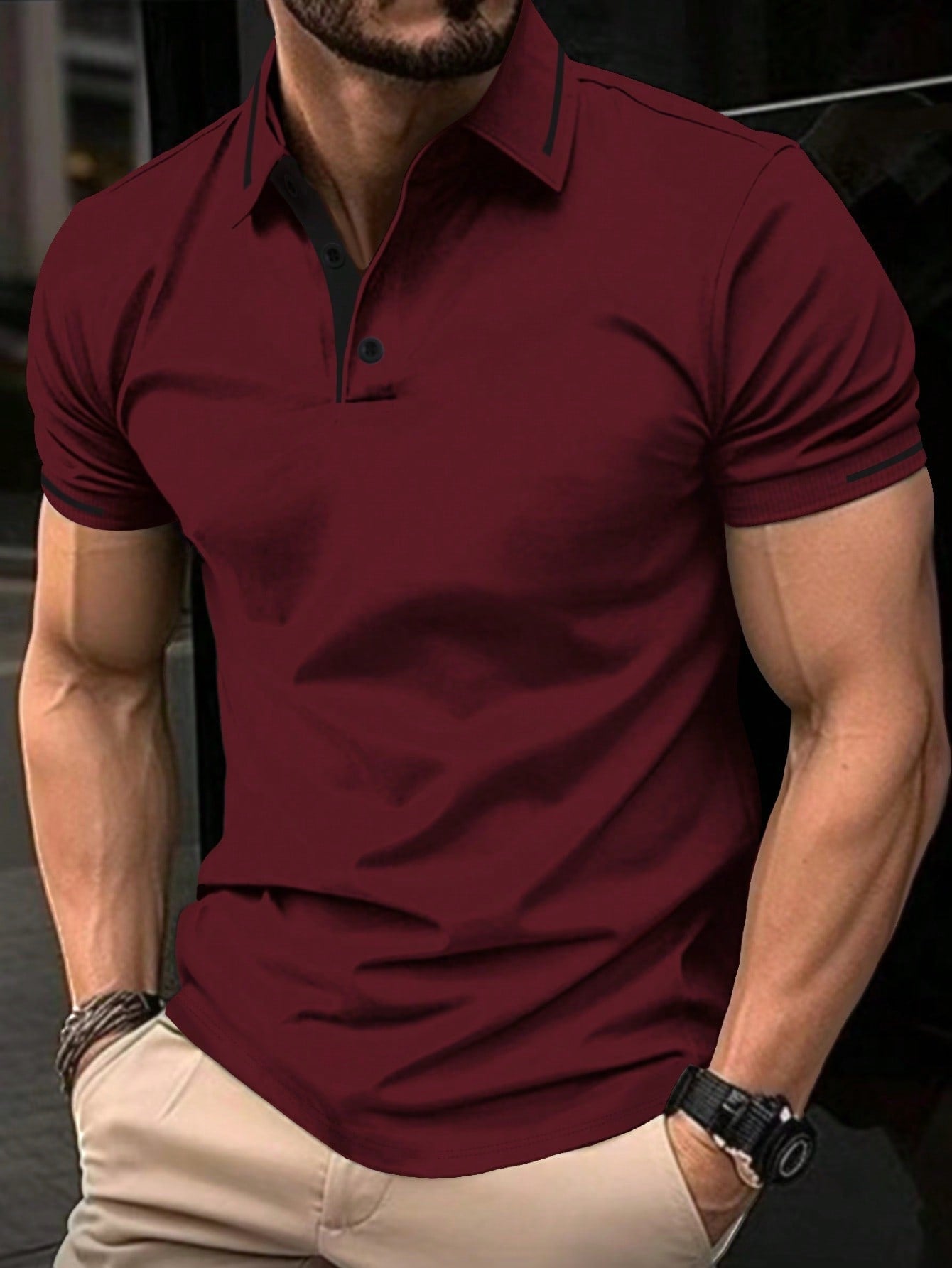 Men's Contrast Color Short Sleeve Polo Shirt With Decorative Details