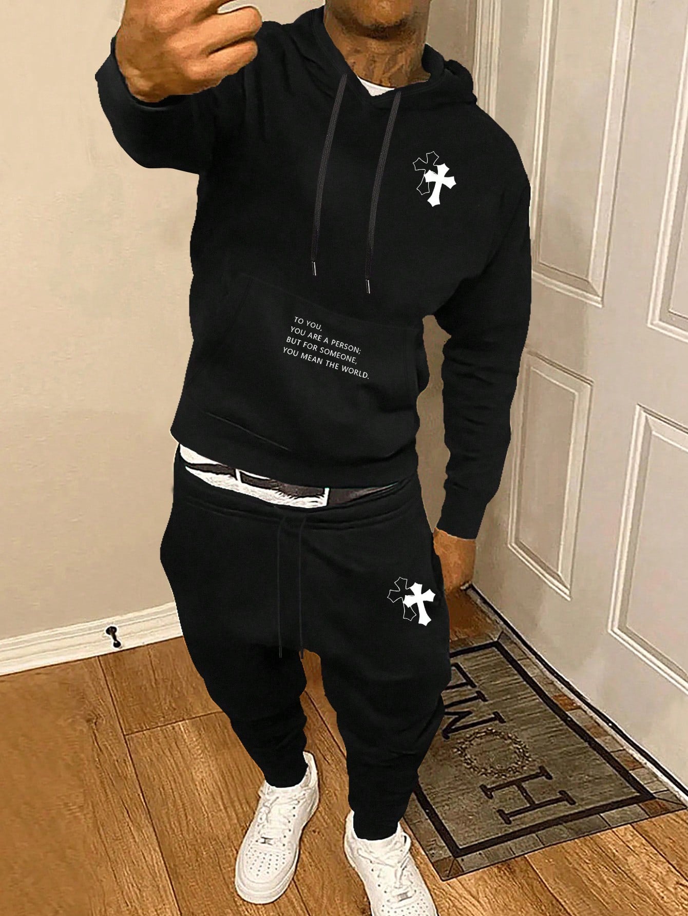 Men's Letter & Cross Printed Hooded Sweatshirt & Jogger Pants Set With Kangaroo Pocket And Drawstring