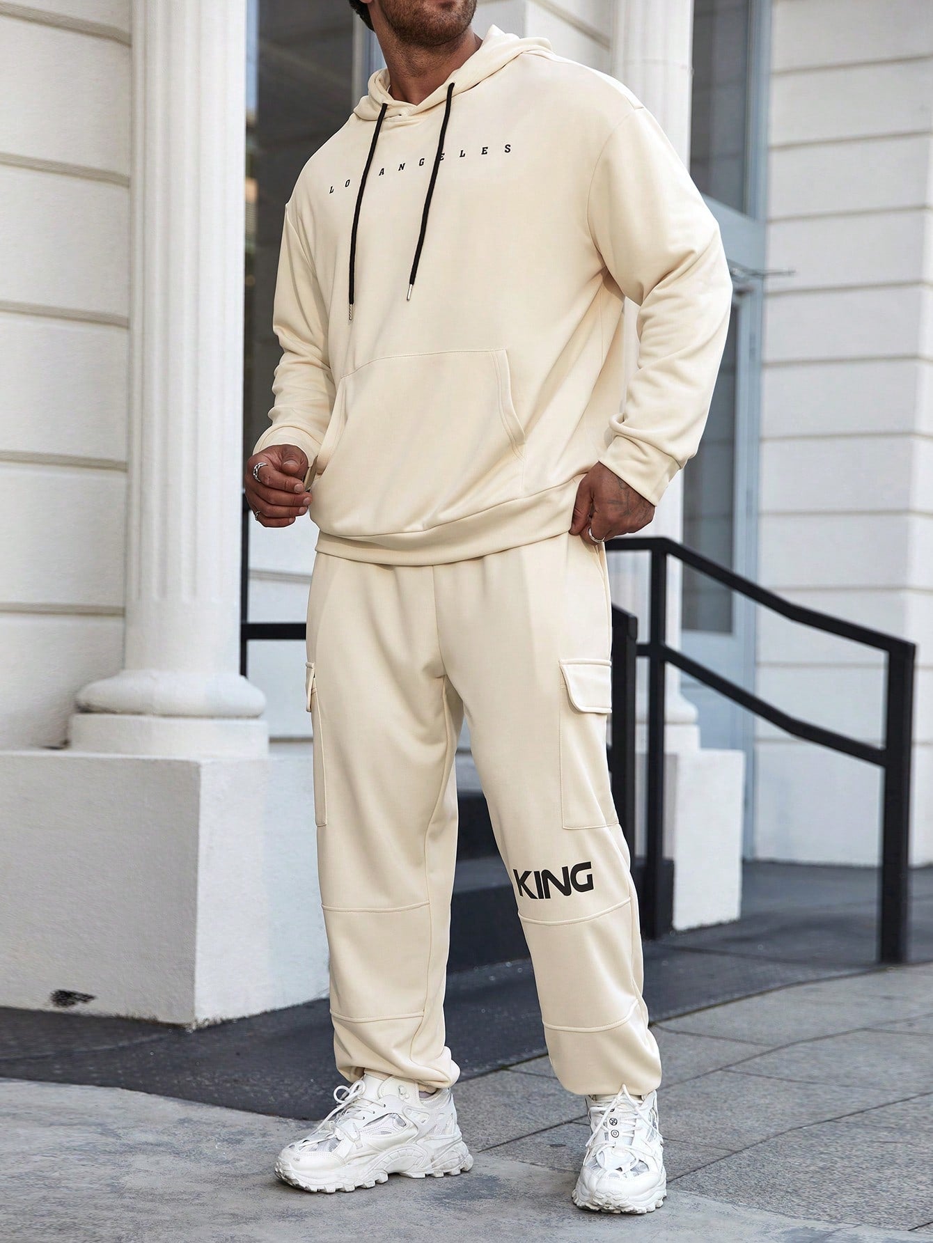 Loose Fit Men's Plus Size Hoodie With Letter Print, Kangaroo Pocket And Sports Pants 2pcs Set