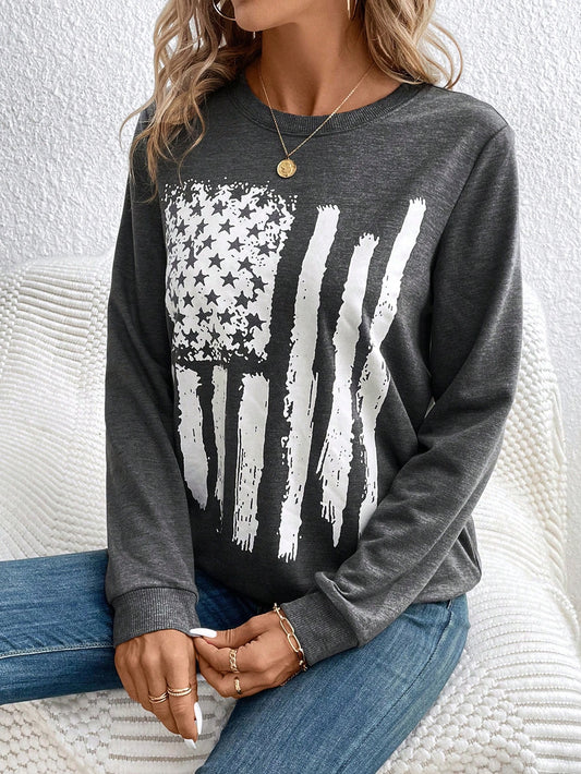 Women's Usa Flag Print Round Neck Sweatshirt