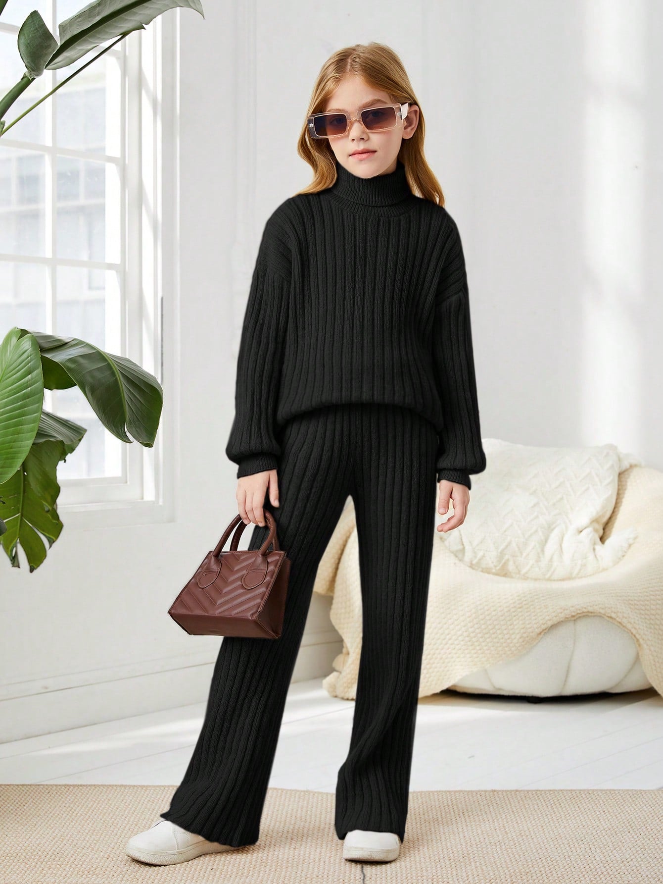 Tween Girl Turtleneck Drop Shoulder Sweater & Knit Pants