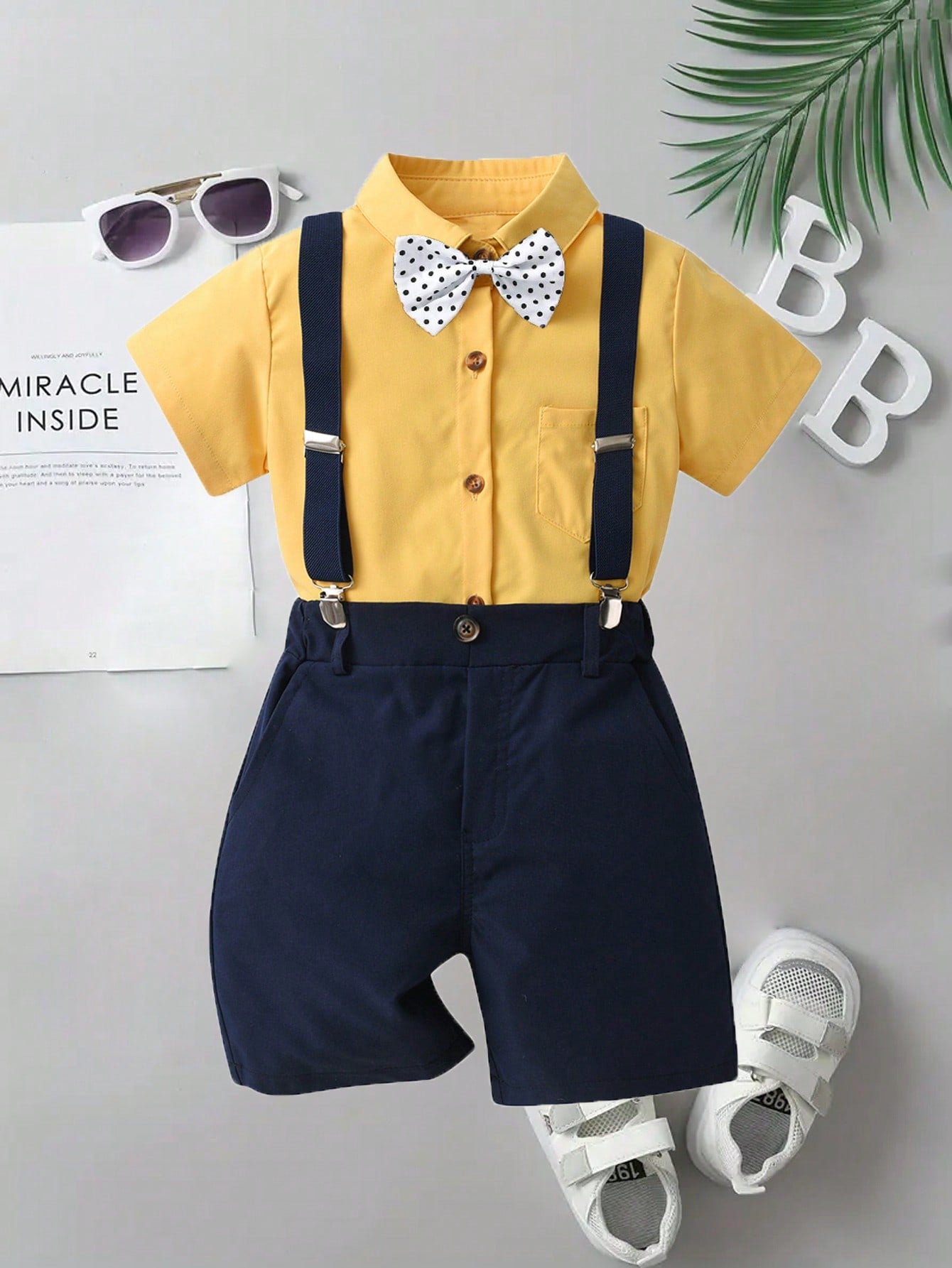 Young Boys' Yellow Casual Short-Sleeved Shirt With Polka Dot Necktie, Blue Short Overalls Four Piece Set, Children Formal Suit, Gentleman Suit