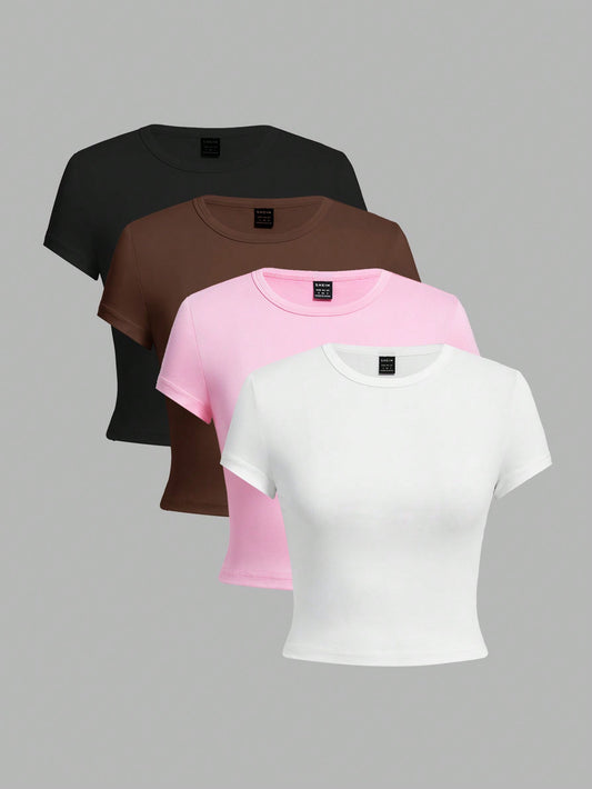 4pcs Casual Round Neck Short Sleeve Slim Fit Women's T-Shirt, Suitable For Summer