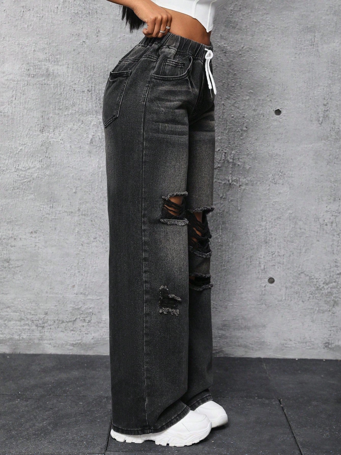 Drawstring Waist Cut Out Ripped Wide Leg Jeans