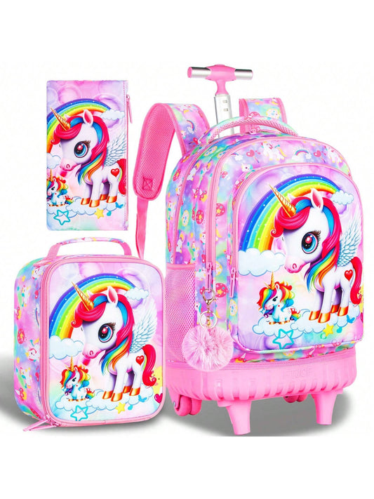 Backpack For Girls, 3PCS Wheeled School Bag With Lunch Bag For Kids, Water Resistance Roller Wheels Bookbag - Unicorn Pink