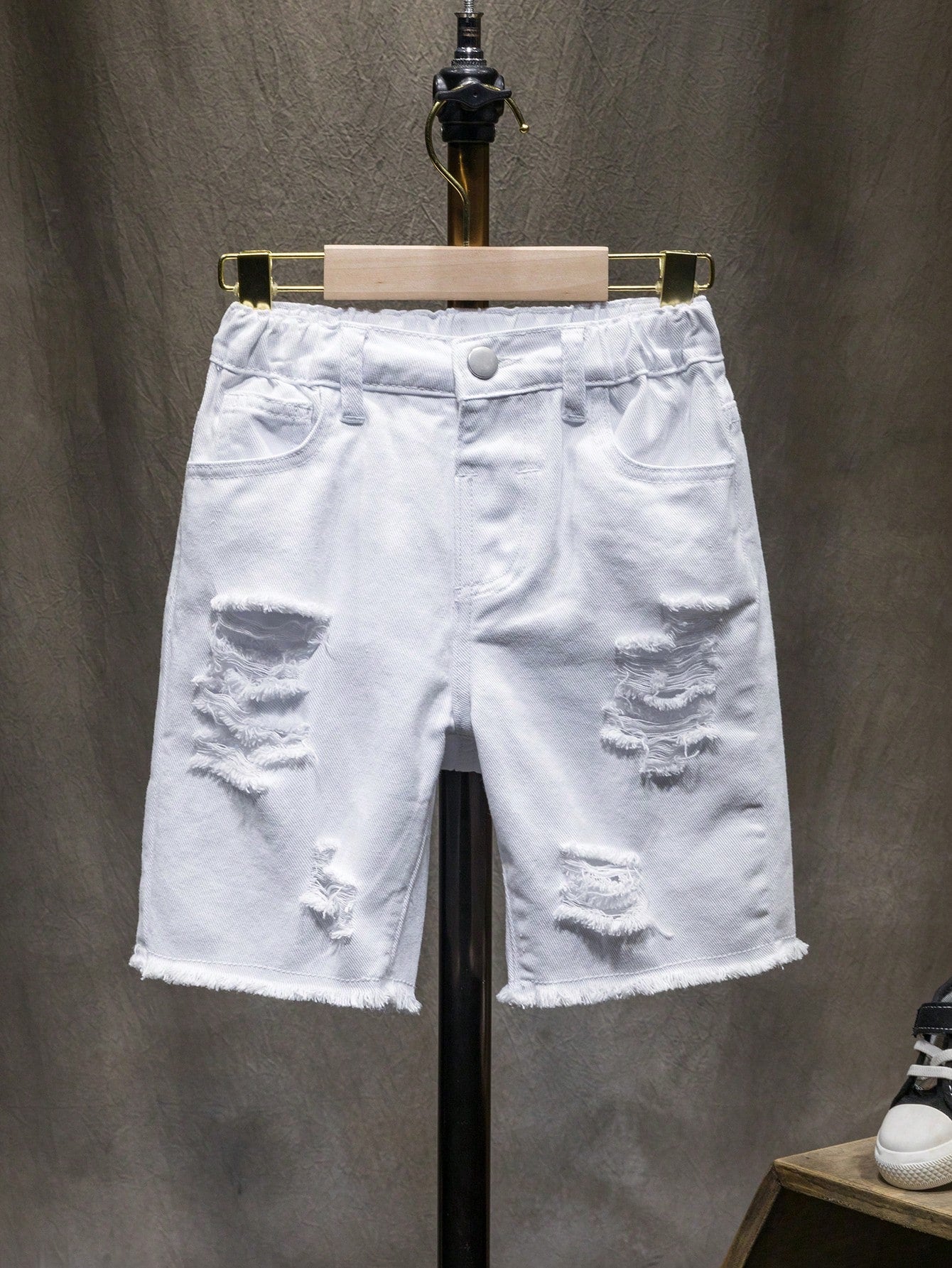 Young Boy Street Style Denim Shorts With Washed, Ripped, Frayed Edge Details And Slanted Pockets