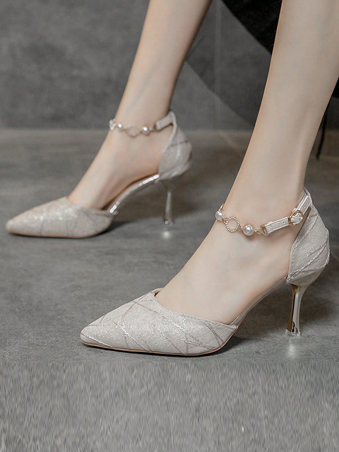 Faux Pearl Decor Ankle Strap Pumps