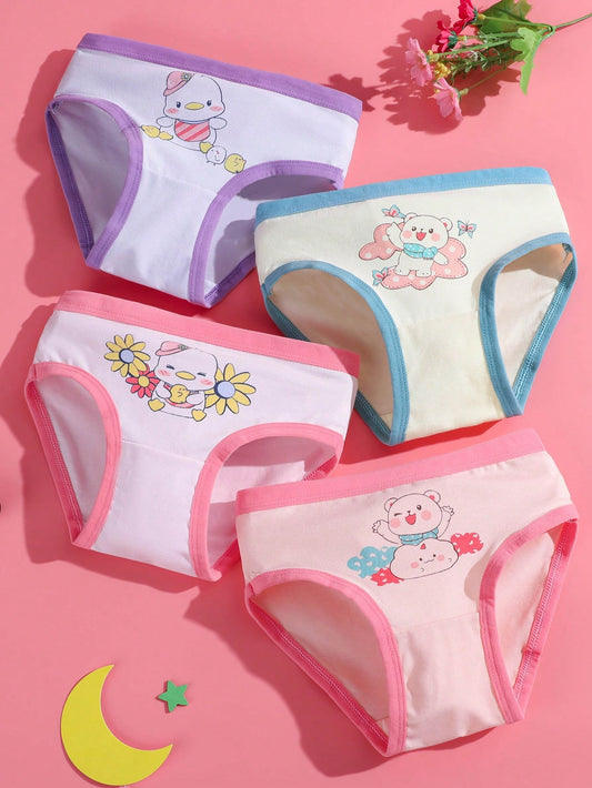 Young Girl 4pcs/Set Comfortable And Adorable Soft Cotton Triangle Panties With Bear And Duck Pattern