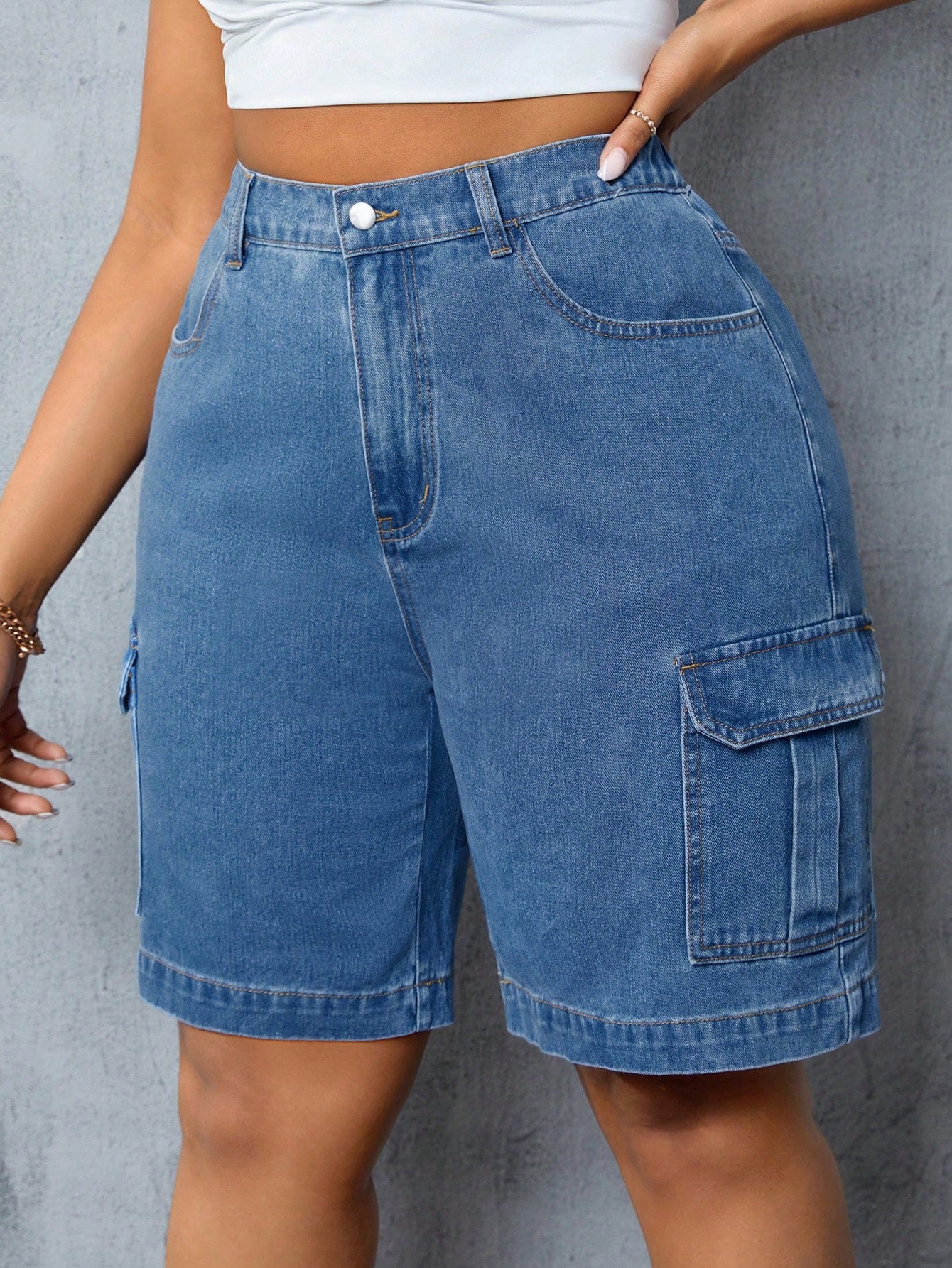 Plus Size Denim Shorts With Pockets And Buttons For Summer