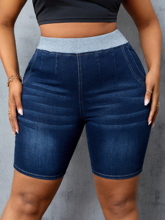 Plus Size Women'S Elastic Waist Denim Shorts