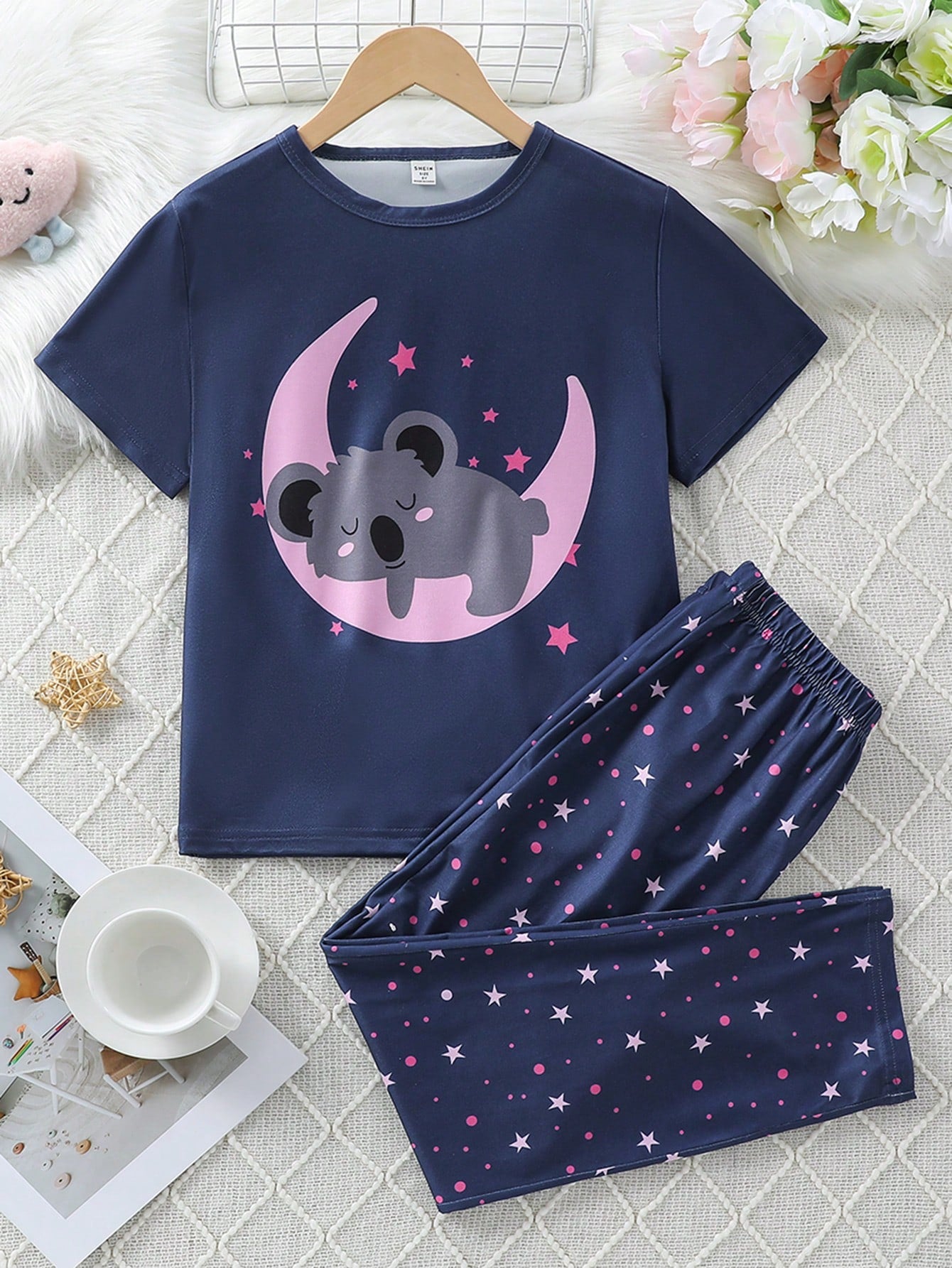 Tween Girl's Cute Koala Animal Print Star And Moon Print Short-Sleeved Trousers Loose Casual Two-Piece Home Clothes