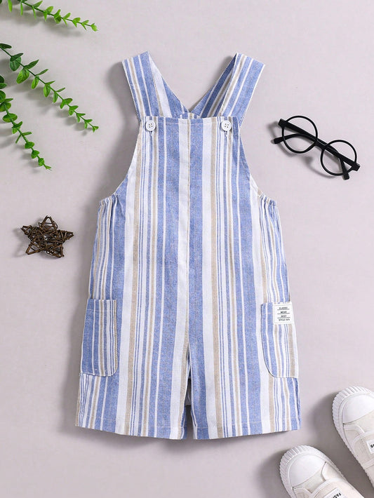 Young Boy Light Blue Striped Cotton & Linen Jumpsuit, Comfortable And Breathable, Suitable For Spring, Summer And Autumn, Suitable For Outdoors, School, Home And Travel, Versatile Style, Suitable For Boys Aged 4-7 Years