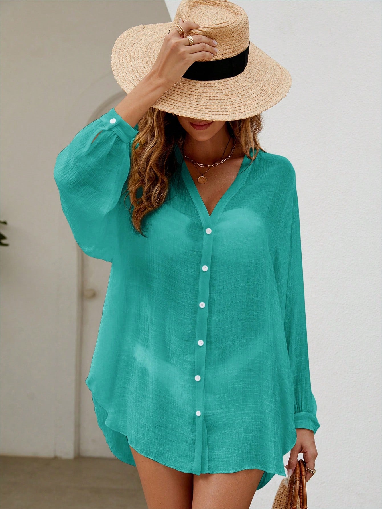 Swim Summer Beach 1pc Rolled Sleeve Button Up Kimono Carnival