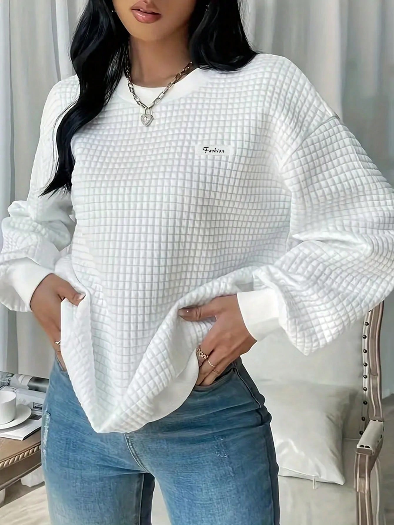 Women's Plus Size Textured Crew Neck Sweatshirt