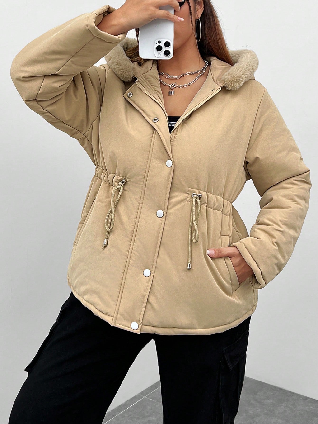 Plus Fuzzy Trim Hooded Winter Coat