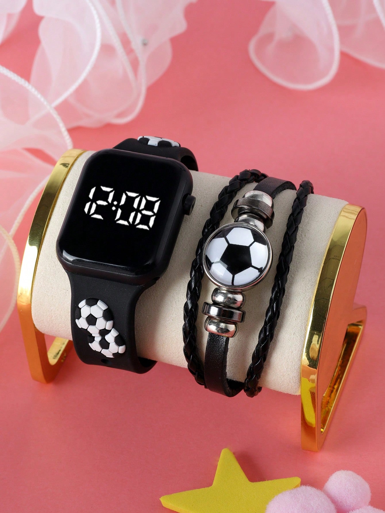 1pc Unisex Led Square Electronic Watch With Football Strap Decortion & 1pc Football Pattern Bracelet For Daily Wear