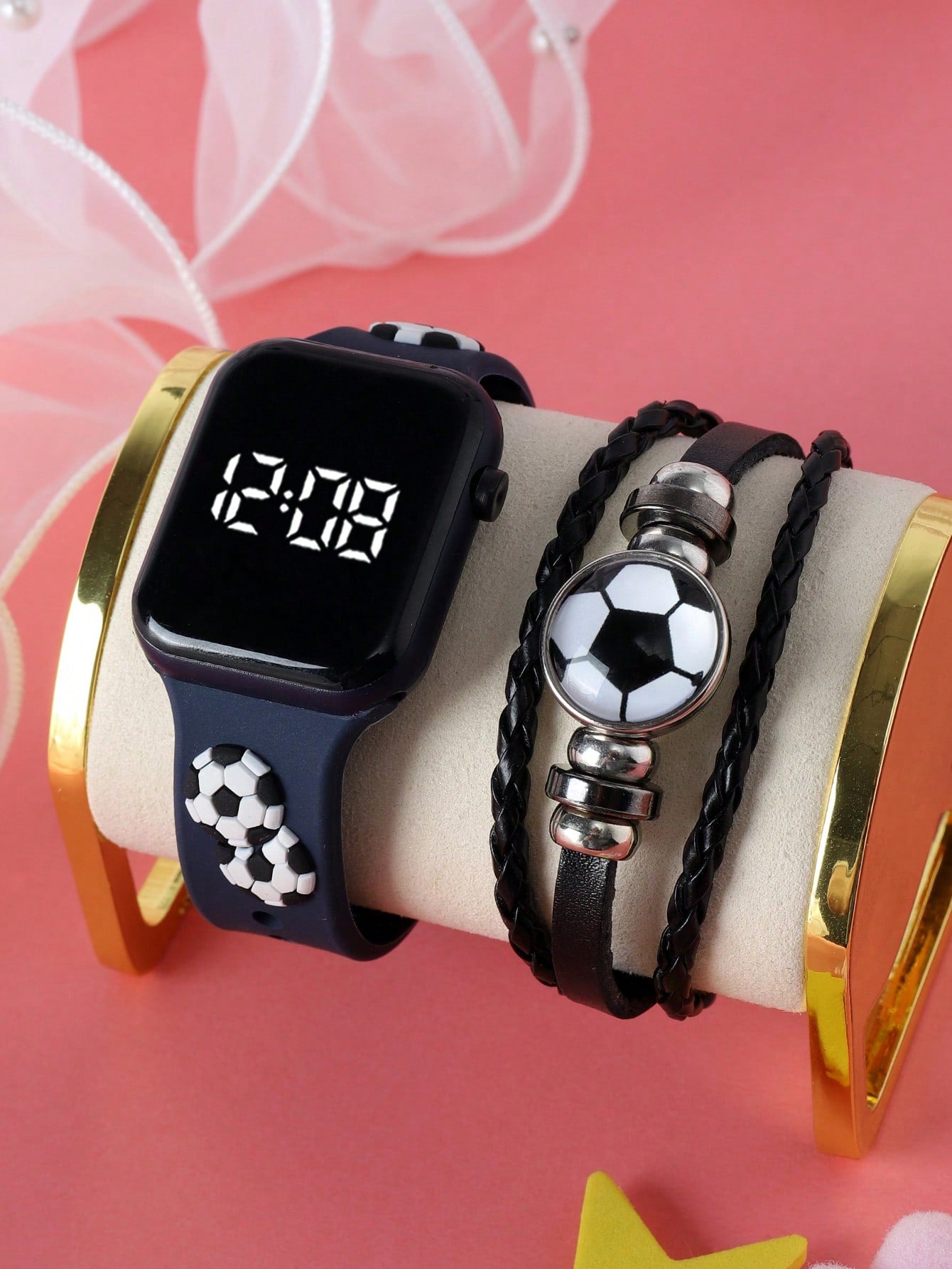 1pc Unisex Led Square Electronic Watch With Football Strap Decortion & 1pc Football Pattern Bracelet For Daily Wear