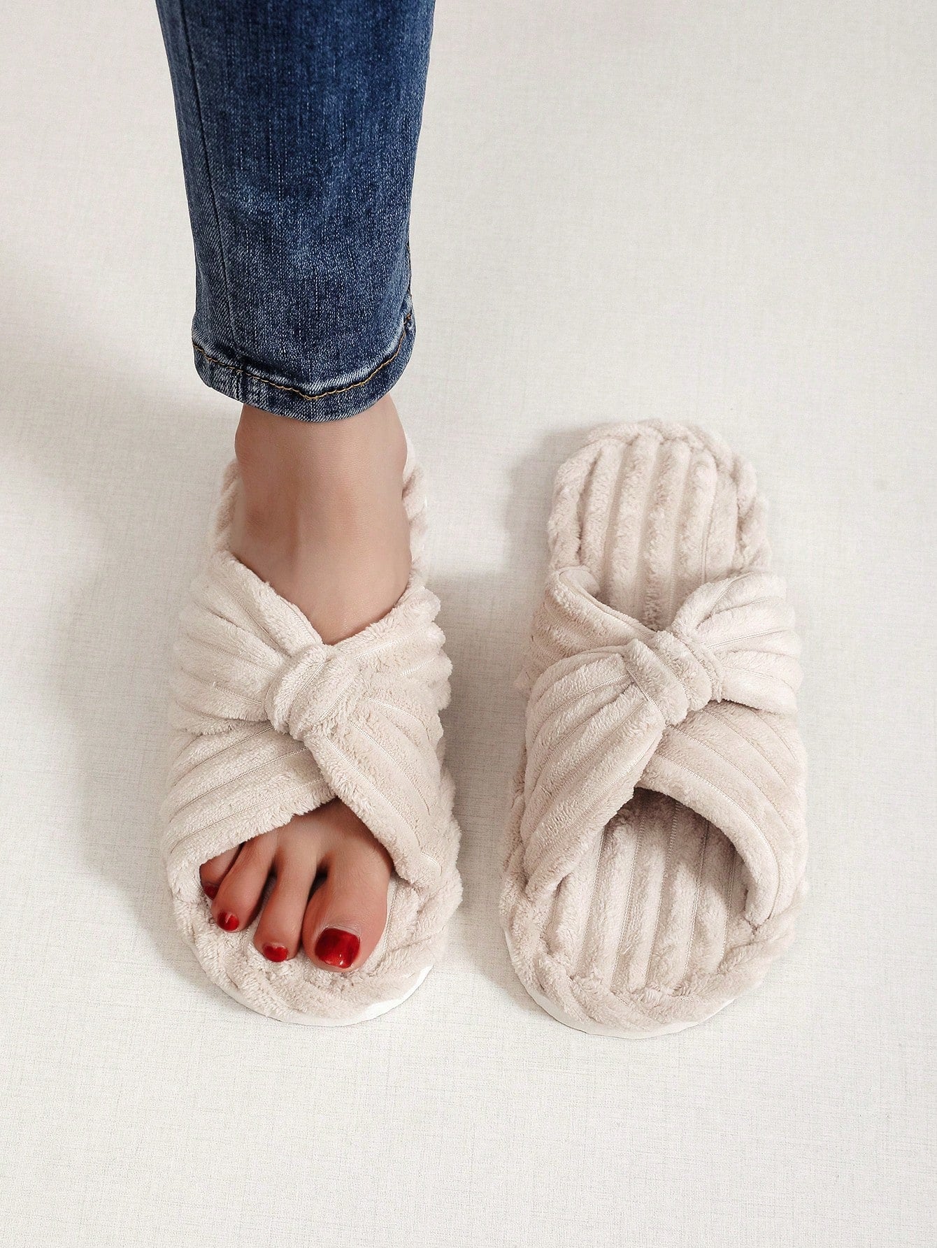 Cross-Strap Women'S Home Slippers Fashion Slippers Indoor Floor Silent Slippers Four Seasons Furry Slippers