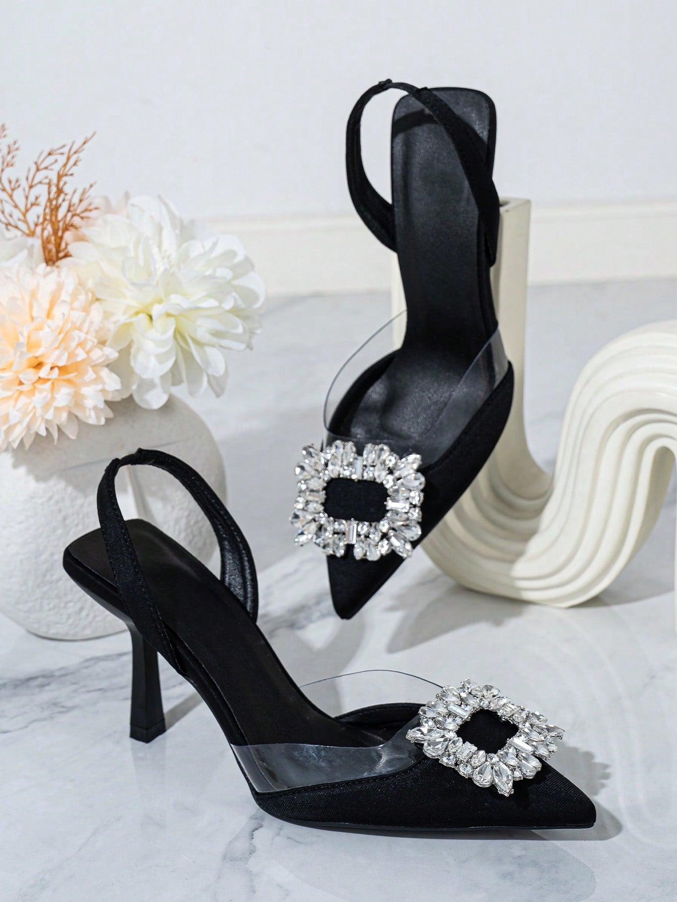 Glamorous Silver Pumps For Women, Metallic Snakeskin Embossed Rhinestone Decor Point Toe Stiletto Heeled Slingback Pumps