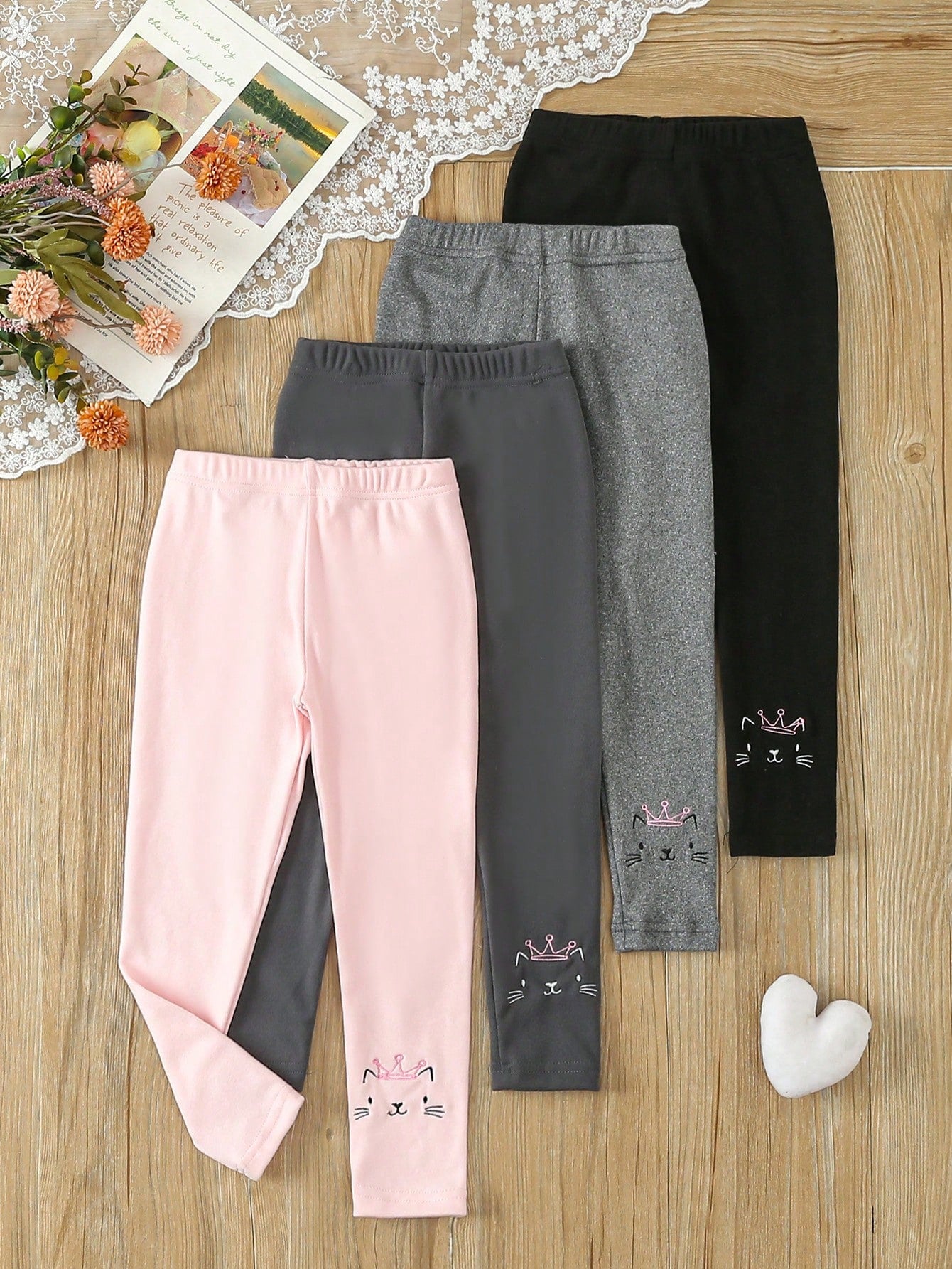 Young Girl Cute Solid Color Simple Trousers With Bunny Print Pattern Long Four-Pack Combination Leggings