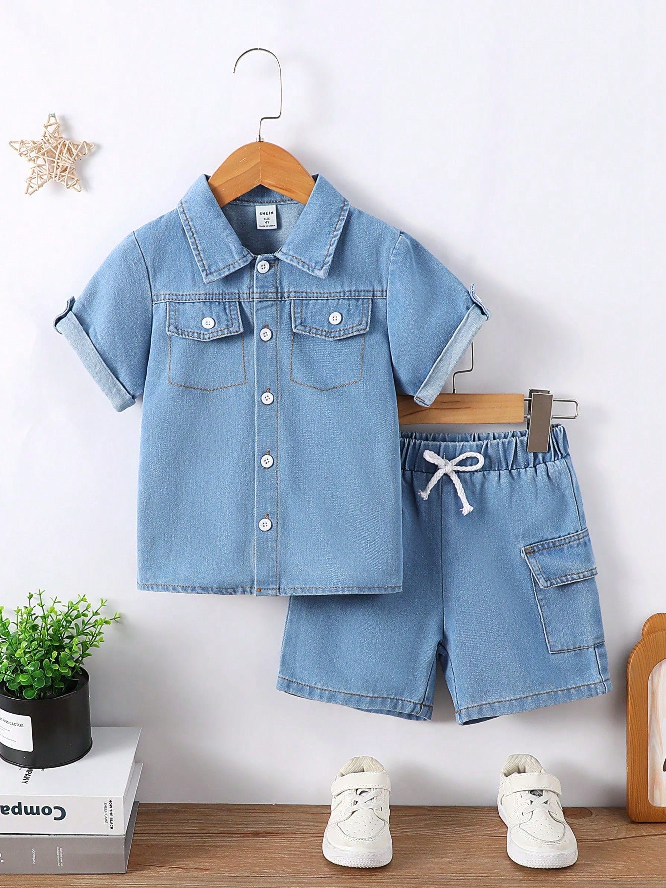 2pcs/Set Boys' Daily Casual College Style Blue Shirt And Blue Denim Shorts Set, Summer