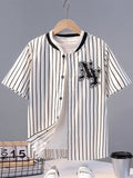Tween Boys' Loose Sporty Striped Letter Pattern Short-Sleeved Shirt