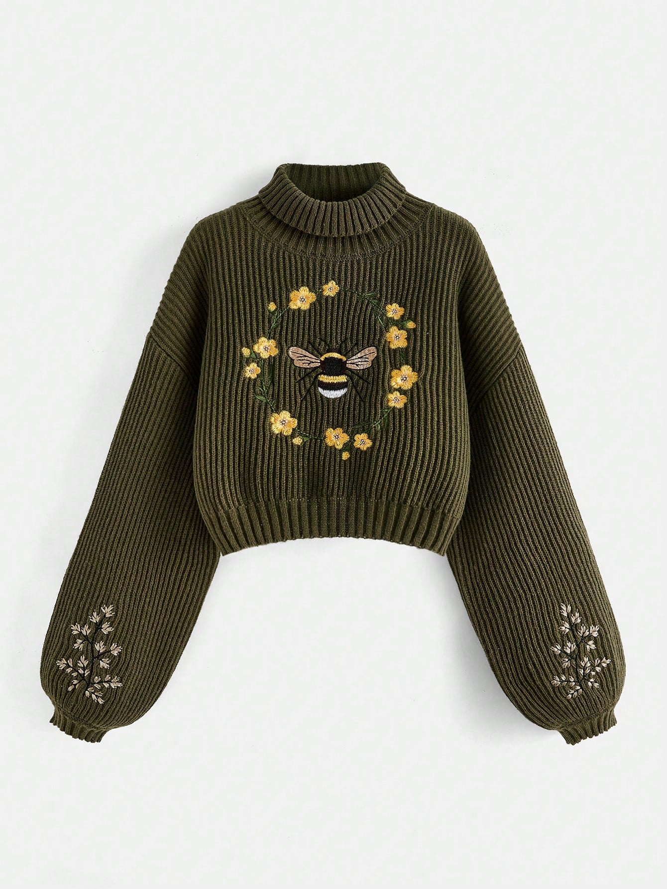 Fairycore Plus Size High Neck Sweater With Bee & Flower Embroidery