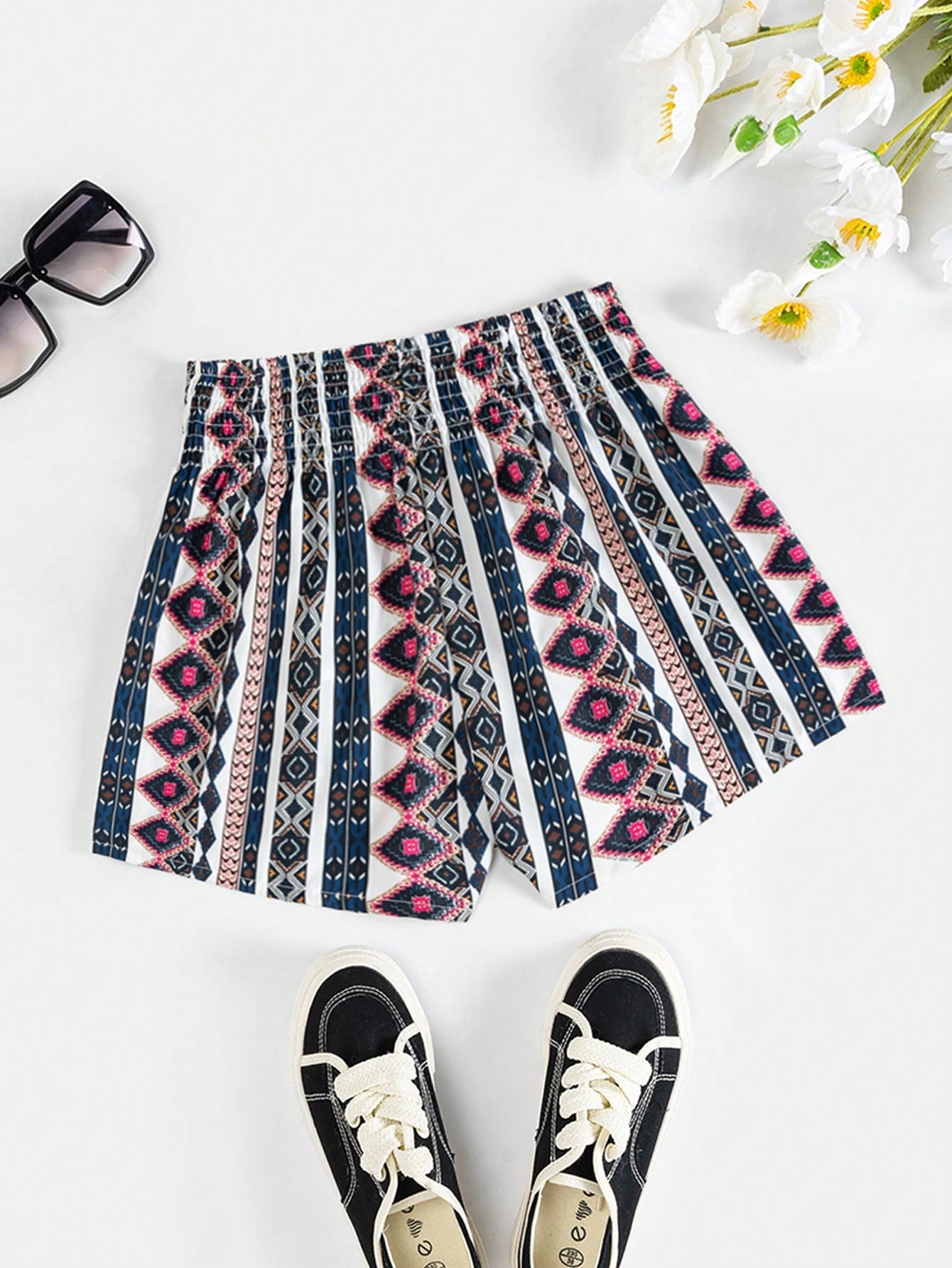 Shirred Waist Geometric Print Summer Casual Beach Women High Waisted Black Shorts