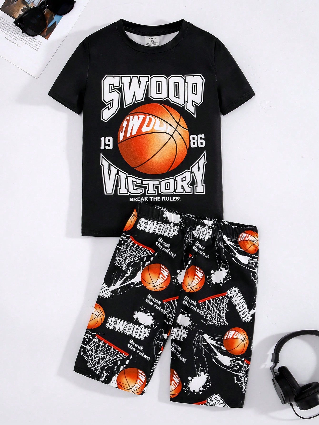 Tween Boy Snug Fit S Casual Street Fashion Basketball Letter Printed Round Neck Tops Shorts Home Clothes Two-Piece Set