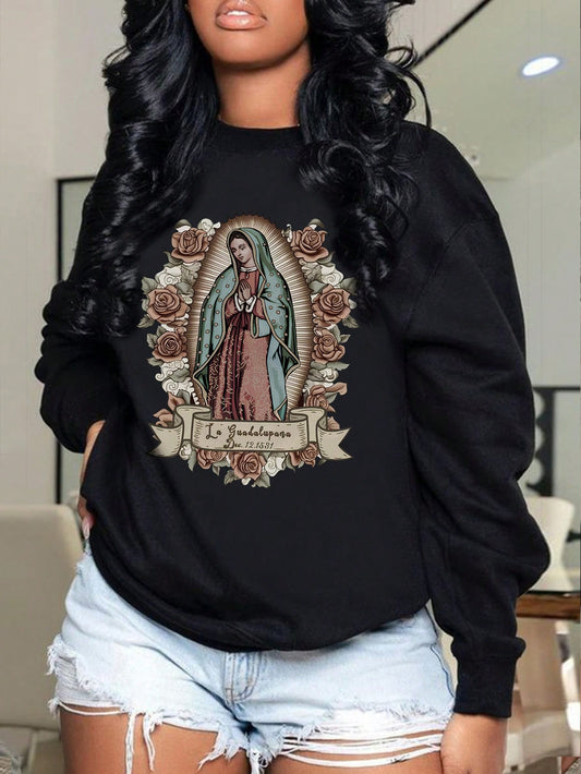 Virgin Mary Floral Print Fleece Sweatshirt