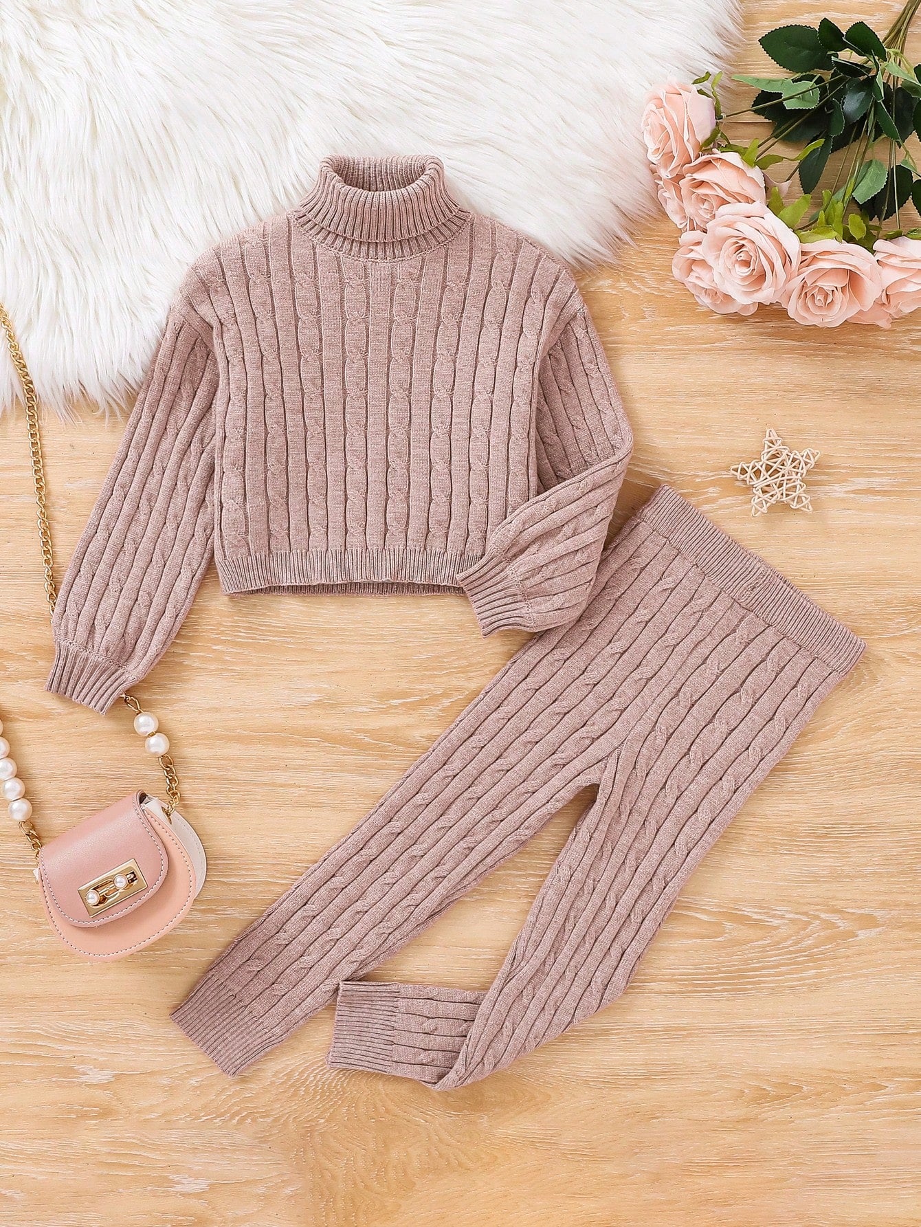 Young Girl Turtleneck Lantern Sleeve Sweater & Knit Pants