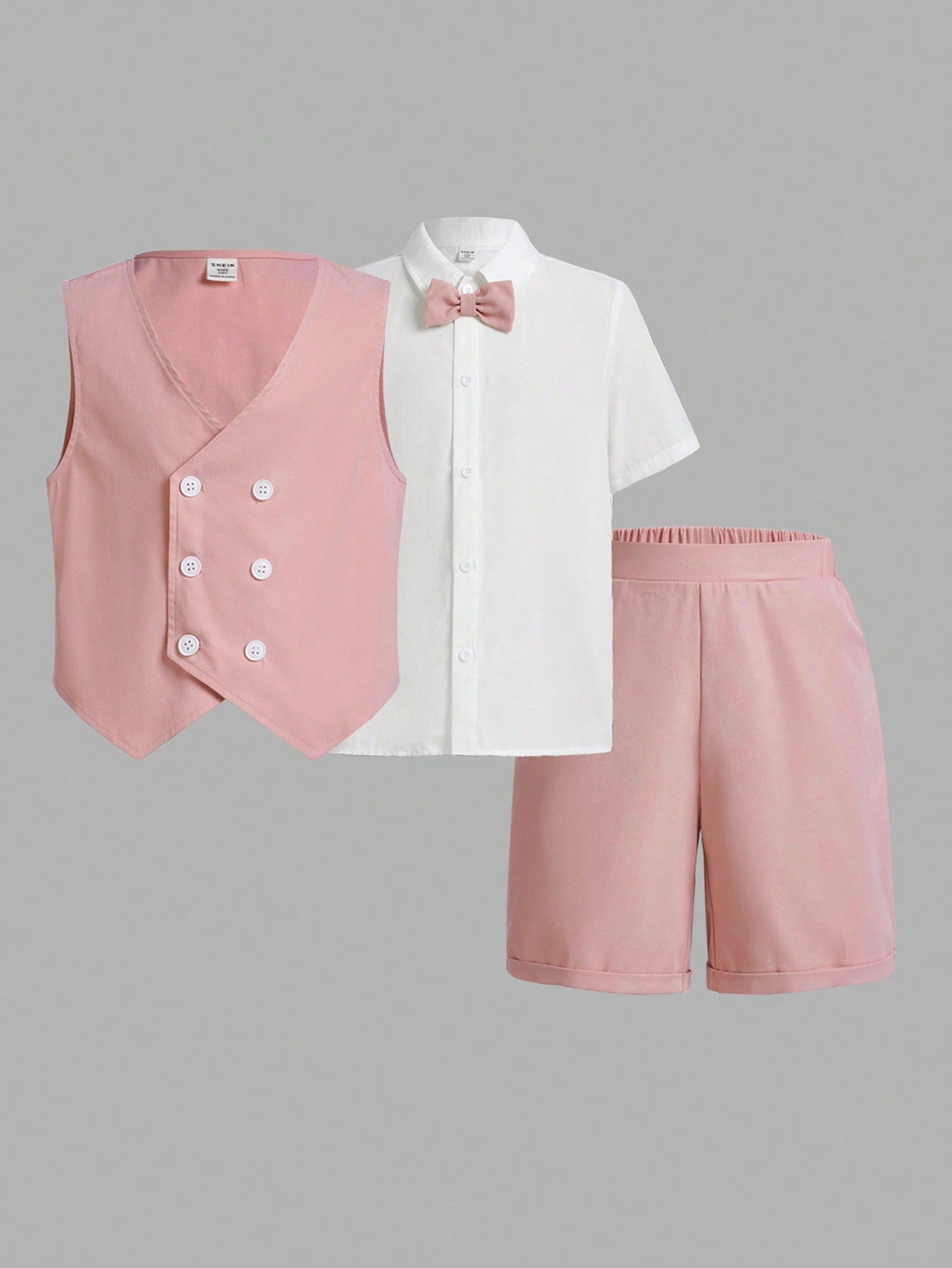 Tween Boys Fitted Gorgeous Woven Lapel Shirt, Double-Breasted Vest, Shorts, Gentleman's Three-Piece Set