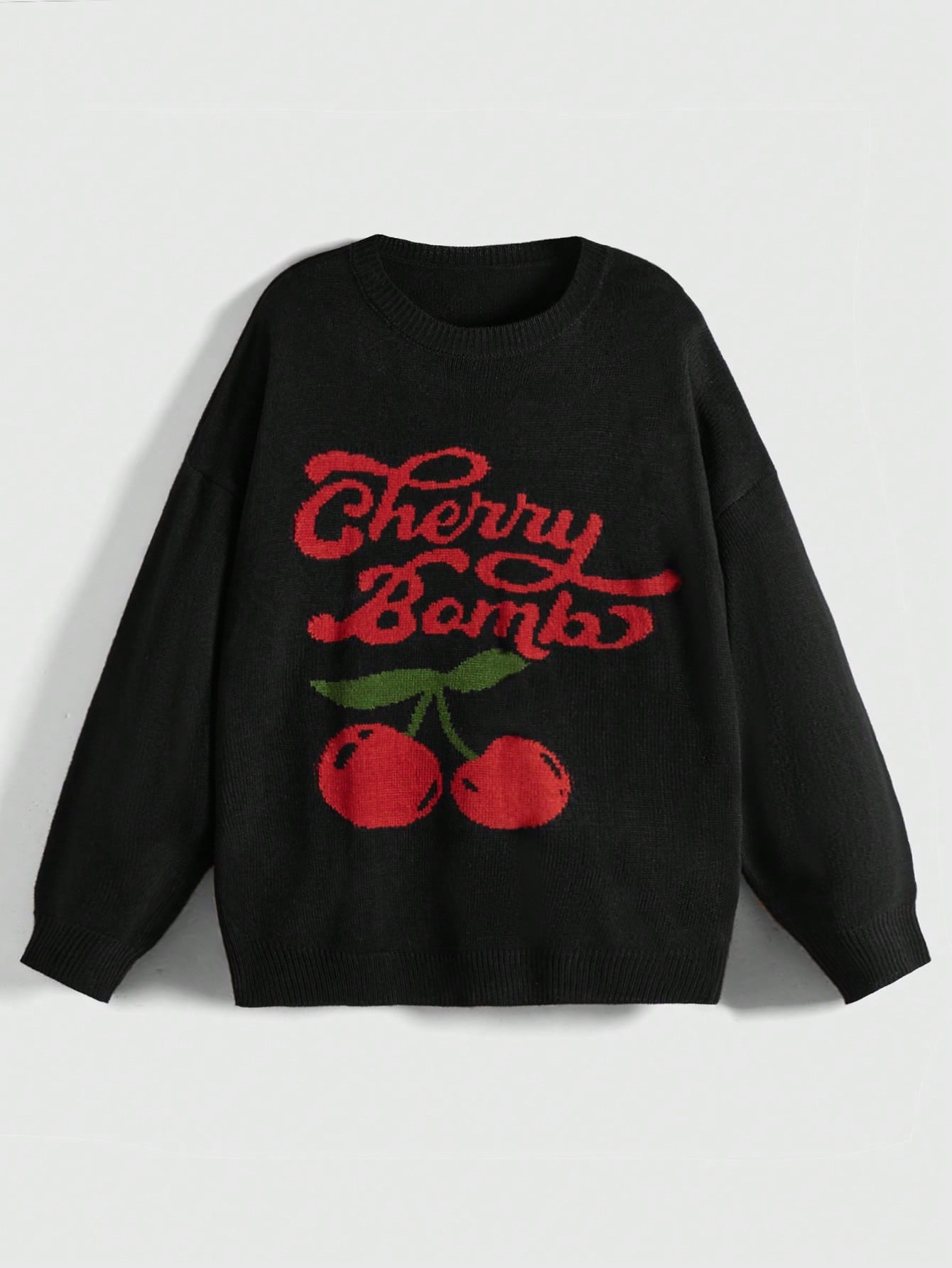 Women's Plus Size Cherry & Letter Pattern Drop Shoulder Sweater