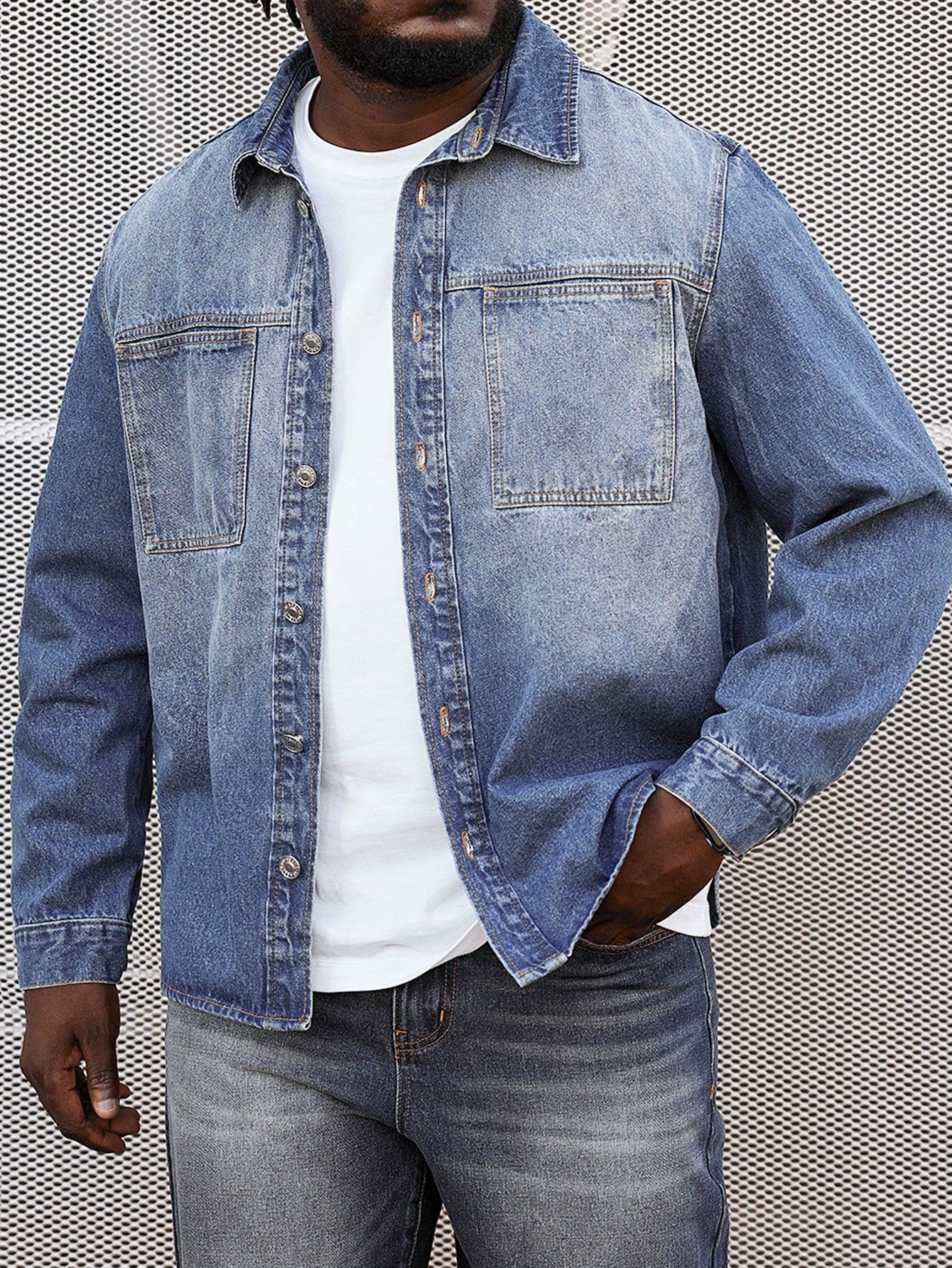 Men'S Plus Size Washed Long Sleeve Denim Shirt