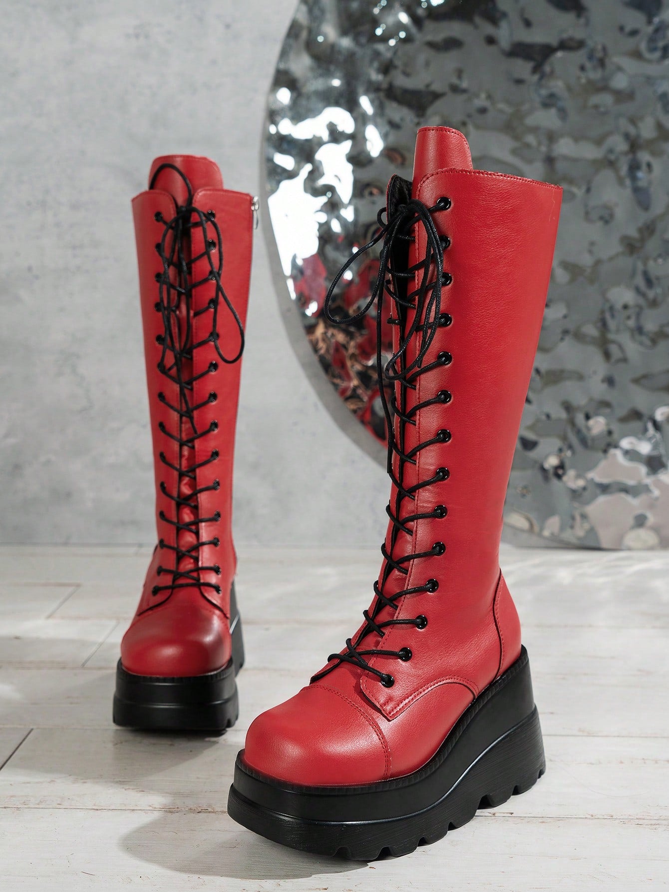 Punk Women's 2024 New Round Toe Punk Style Lace Up Side-Zipper Platform Thick Heel Knee-High Boots For Autumn And Winter