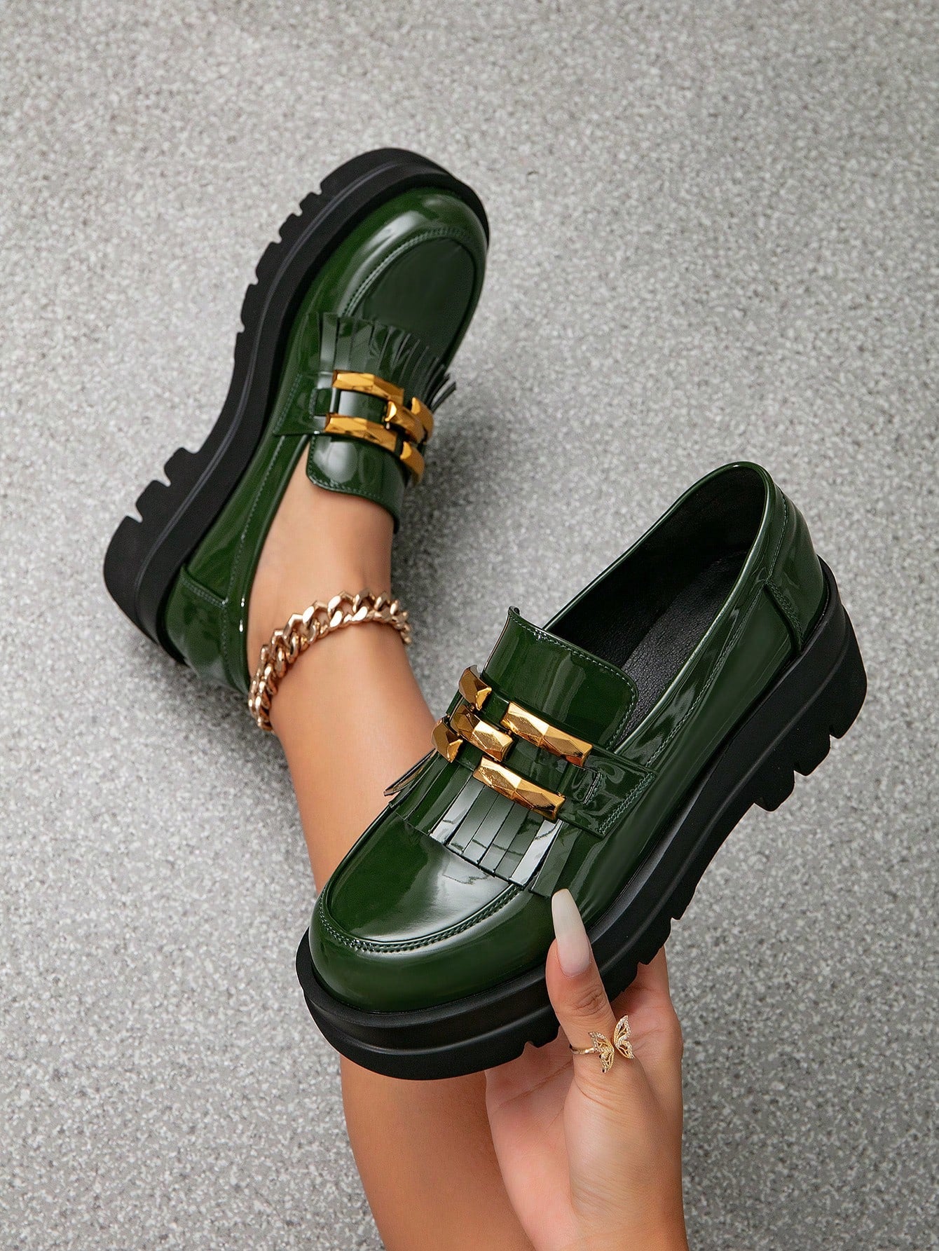 Women's Chunky Sole Loafers With Metal Buckle, Pointed Toe Leather Shoes, Retro Thick Heel Pumps, Oxfords, Slip-On, Green, Black Casual Office Lady Work Shoes