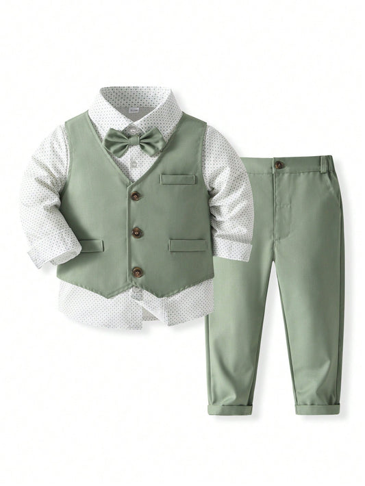 Young Boy Spring Formal Wear Set: Geometric Print Shirt, Vest, And Pants For Gentleman's Banquet Or Party