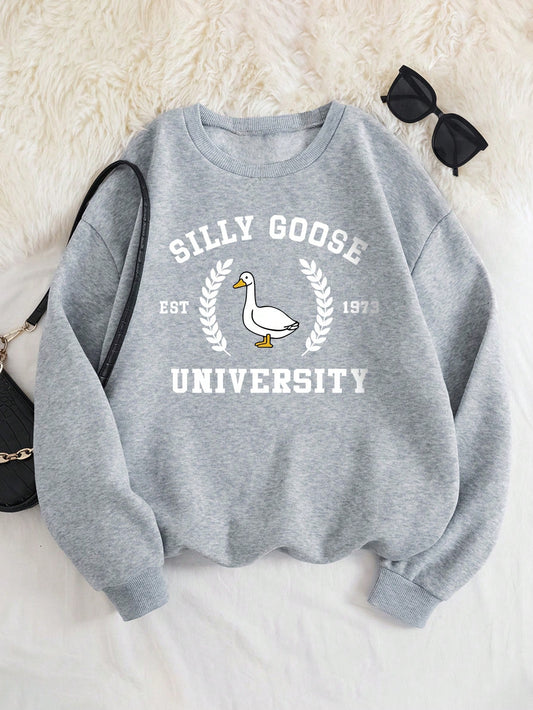 Women's Plus Size Letter Print Crew Neck Sweatshirt, SILLY GOOSE EST 1973 UNIVERSITY