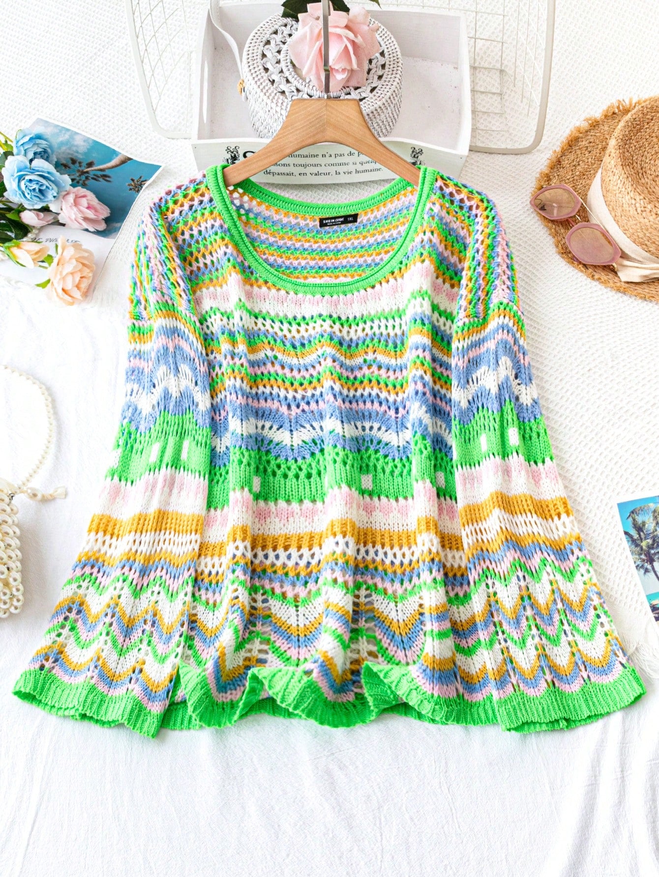 Plus Chevron Pattern Drop Shoulder Pointelle Knit Sweater