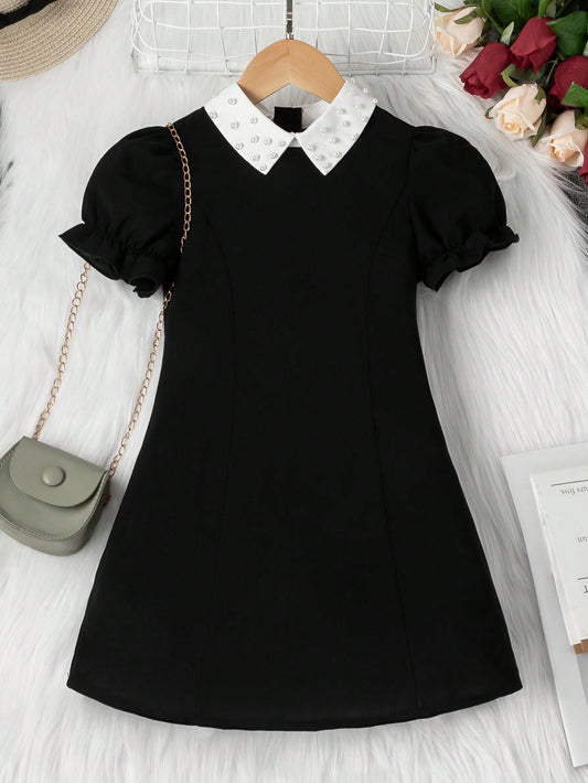 Young Girl Black Pearl-Embellished Peter Pan Collar Puff Sleeve Dress