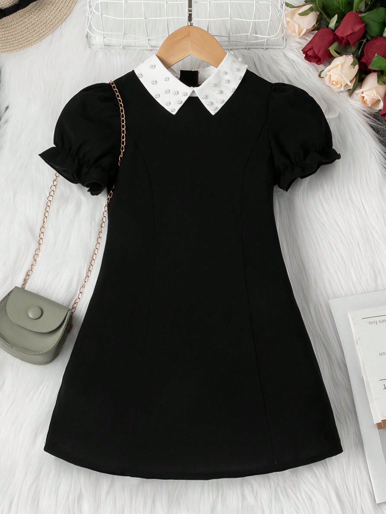 Young Girls' White Pearl Puff Sleeve Dress