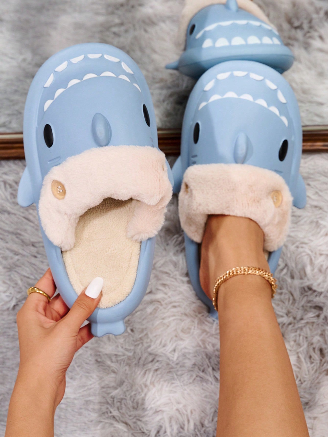 Detachable Shark Design Slippers, Soft Sole, Anti-Slip, Warm Fleece Lining, Couples Unisex, Autumn/Winter