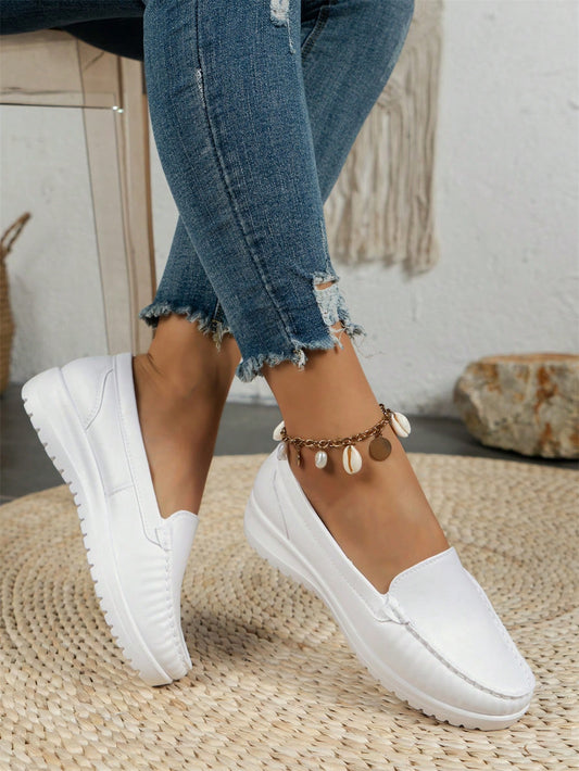 Casual White PVC Women's Low-Cut Flat Shoes With Anti-Slip And Waterproof Design, Suitable For Outdoor And Everyday Wear