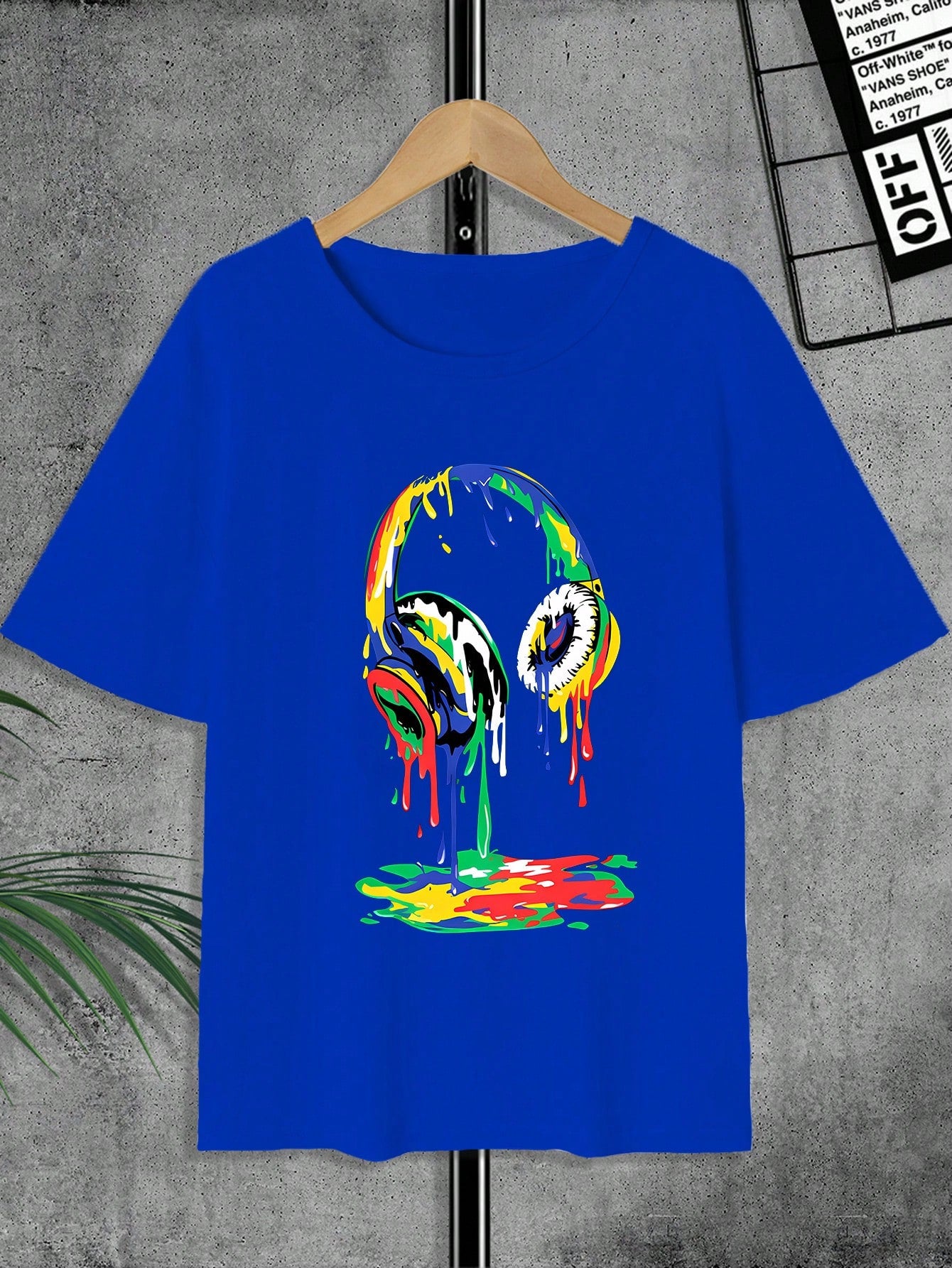 Teen Boys' Summer Short Sleeve T-shirt With Headphone Pattern