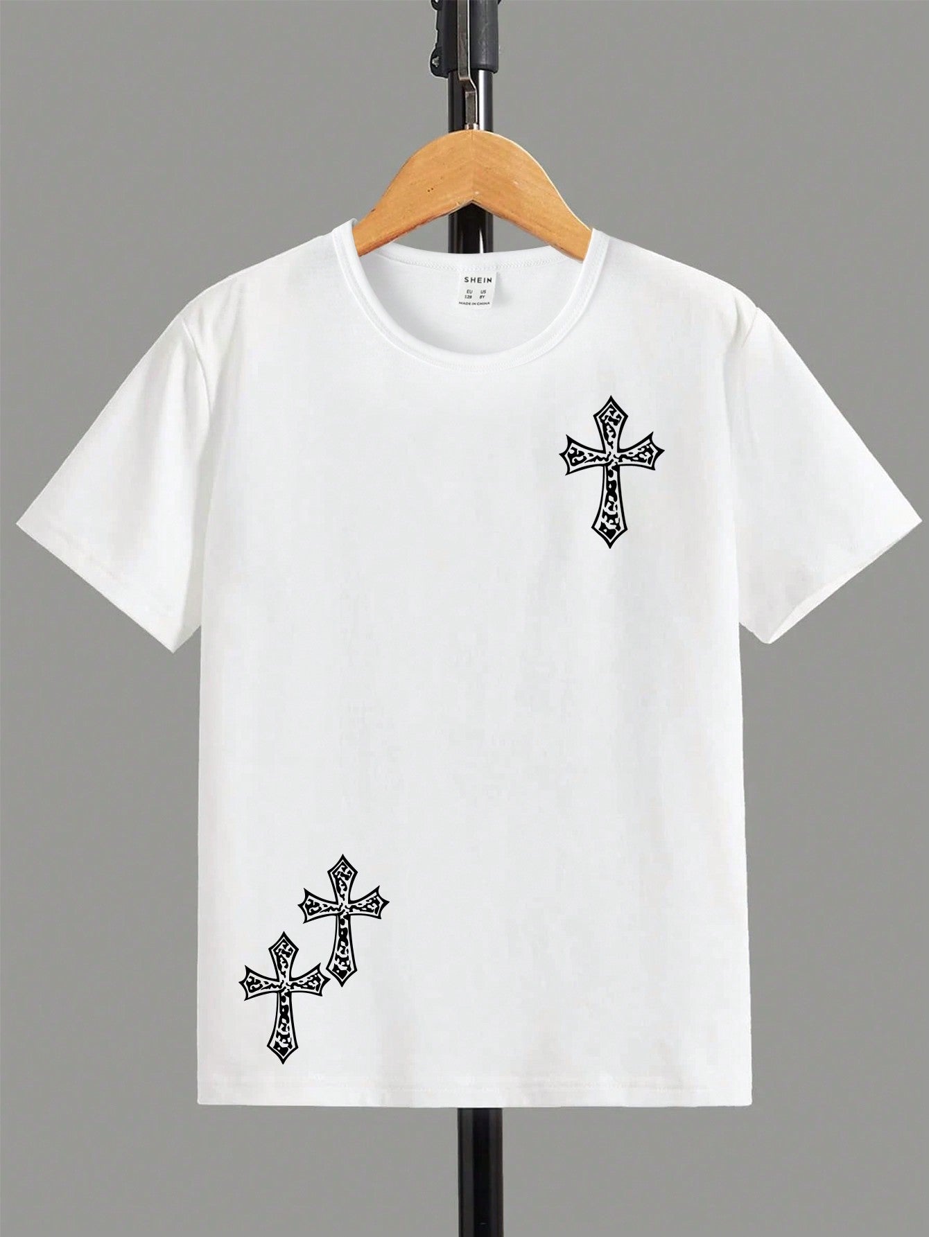 1 Piece Of Fashionable Cross Pattern Printed Basic Round Neck Short-Sleeved T-Shirt For Tween Boys