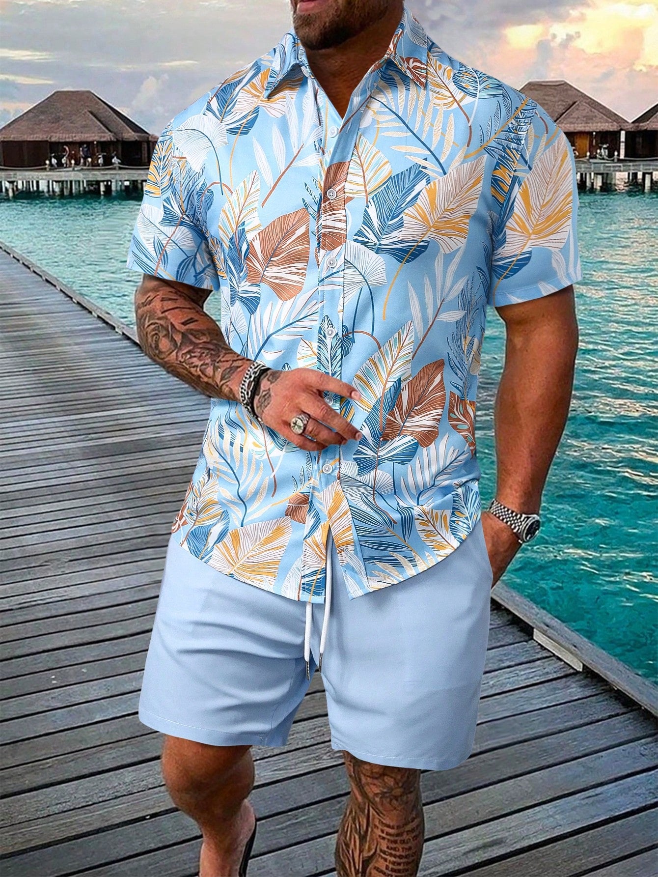 Men's Tropical Plant Print Short Sleeve Shirt And Shorts Set