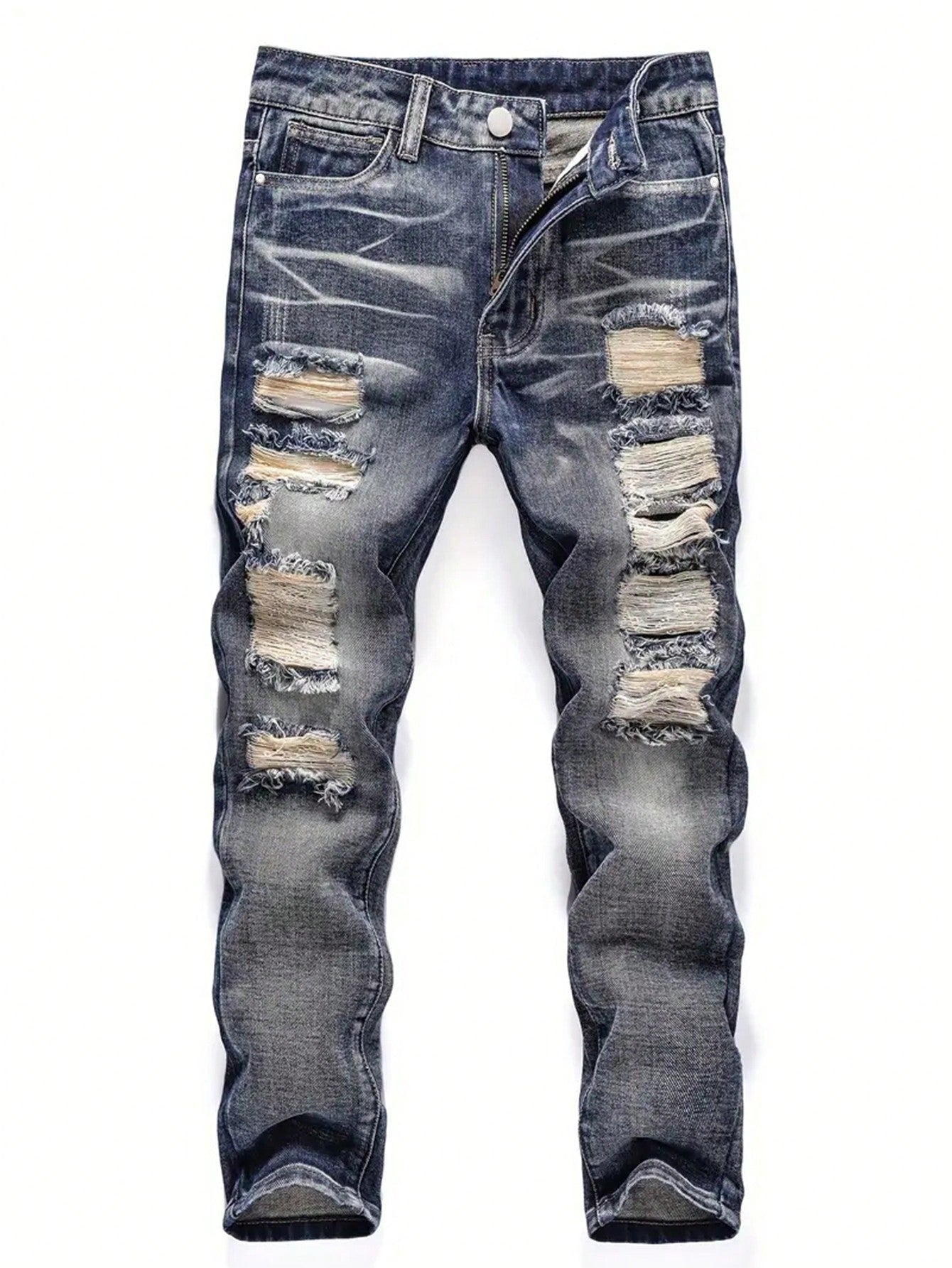 Teenage Boy's Casual Fashionable Distressed Denim Jeans With Pockets