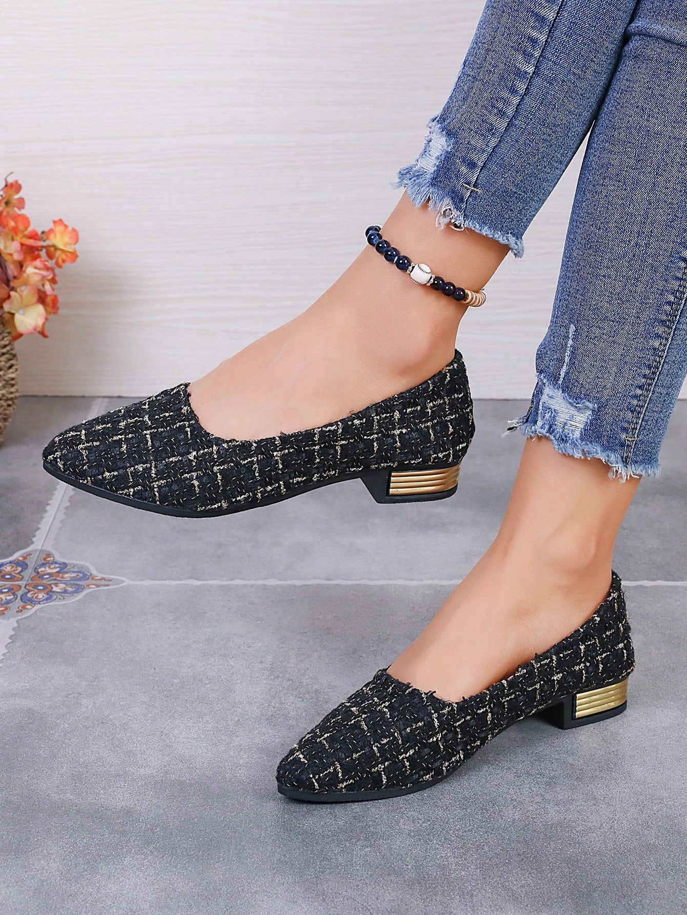 Women's Checkered Slip-On Shoes With Chunky Heel For Summer Korean Style