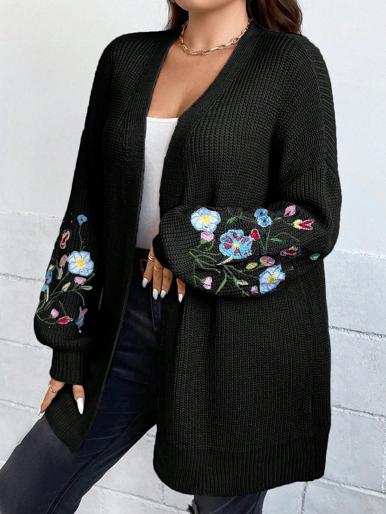 Plus Floral Embroidery Drop Shoulder Open Front Cardigan